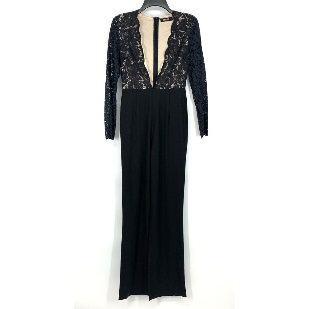 Missguided Jumpsuit Womens Size 2 Black Lace Plunge V Neck Long Sleeve Straight - Picture 2 of 13